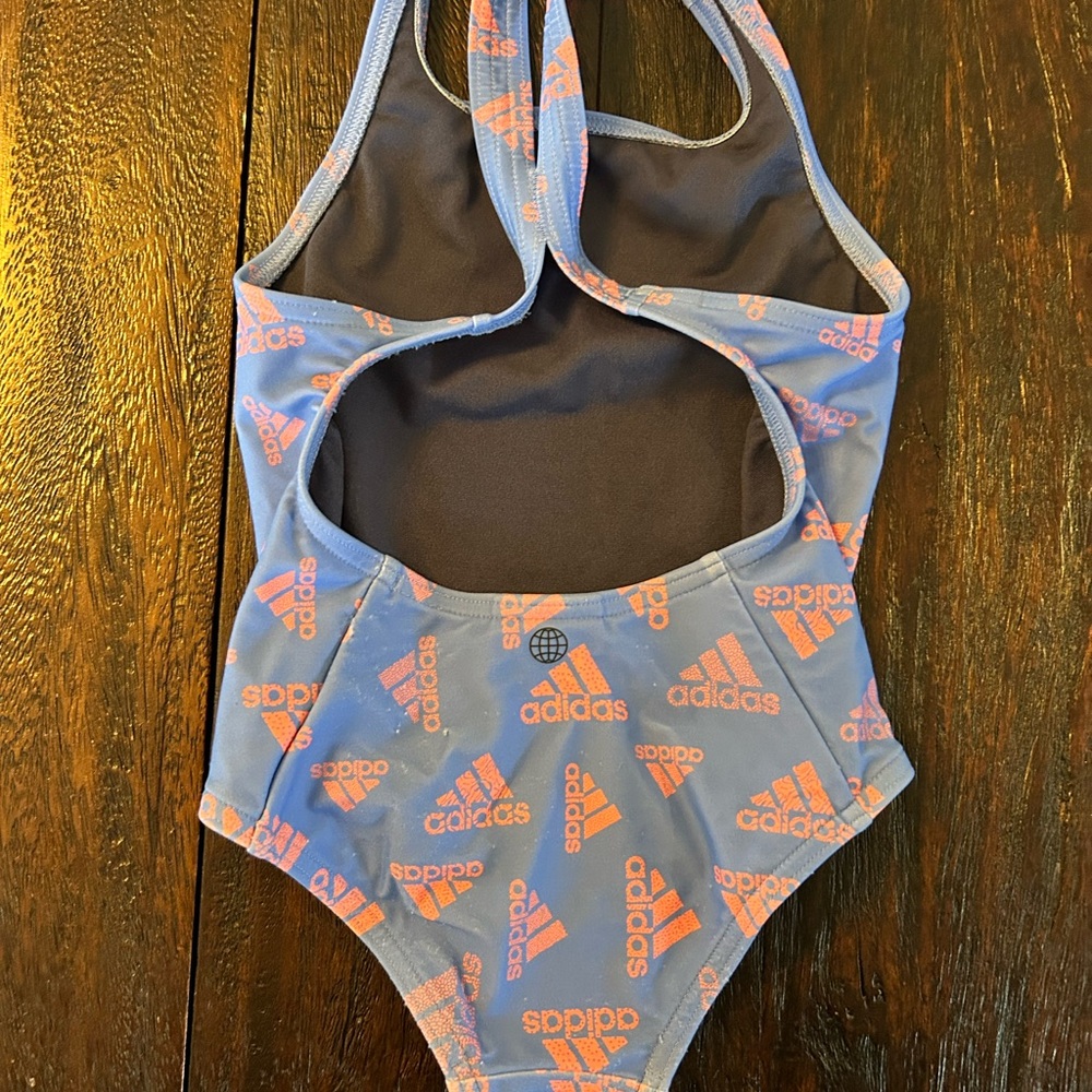 adidas Girls Light Blue One-Piece Swimsuit with Pink Logo Print - Picture 2 of 5